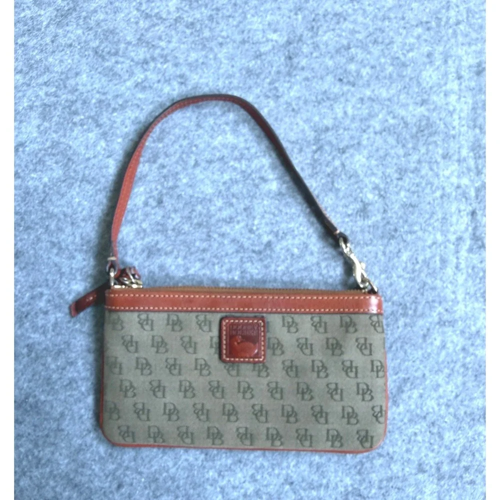 Dooney & Bourke Signature DB Logo Canvas Leather Wrislet Clutch Brown